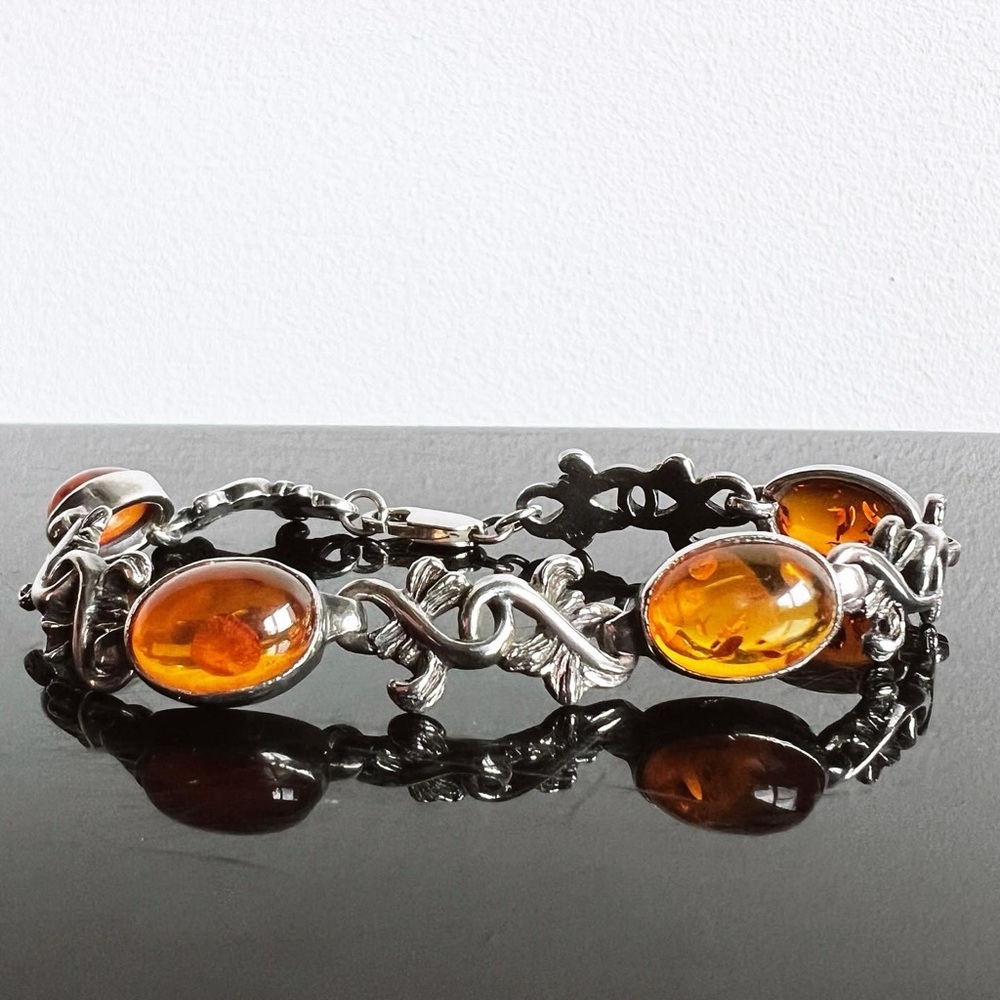 Ornate Amber & Sterling Silver Bracelet